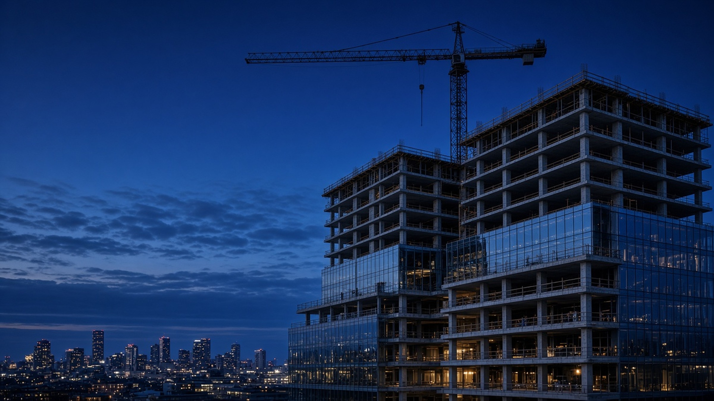 High-rise commercial development under construction at blue hour